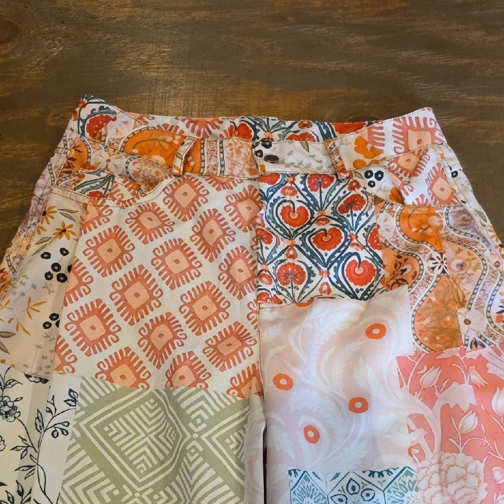 Patchwork Wide-Leg Pants in Coral, Peach & Cream - Picture 3 of 9